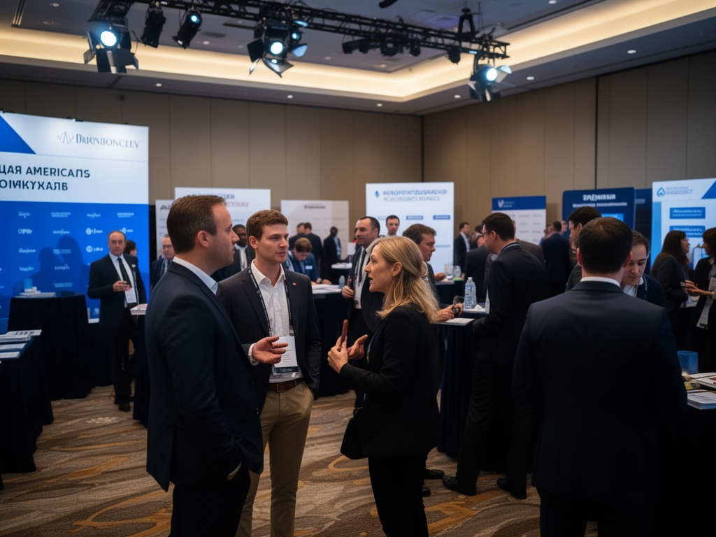 Студенты Norexil на карьерном мероприятии общаются с рекрутерами ведущих американских медиакомпаний — конференц-зал с профессиональным освещением и стендами работодателей
