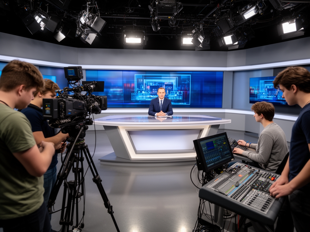 Молодой журналист работает за многоэкранным рабочим местом, просматривая новостные сценарии и цифровой контент в профессиональном ньюсруме