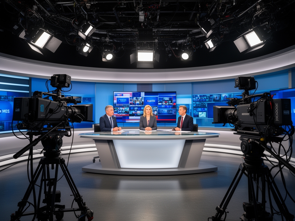 Современный телевизионный студийный павильон с профессиональными съёмочными камерами, ведущими за столом и динамическим освещением в активном ньюсруме