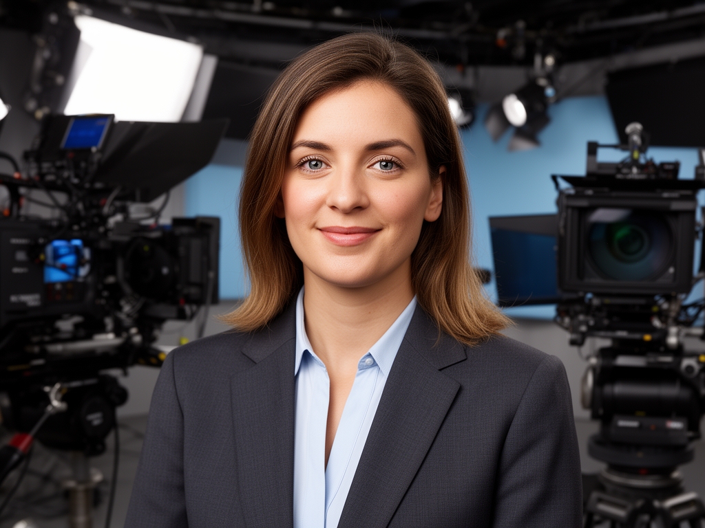 Профессиональная женщина-ведущая новостей, преподаватель журналистики в строгом тёмно-синем блейзере, уверенный портрет в телестудии