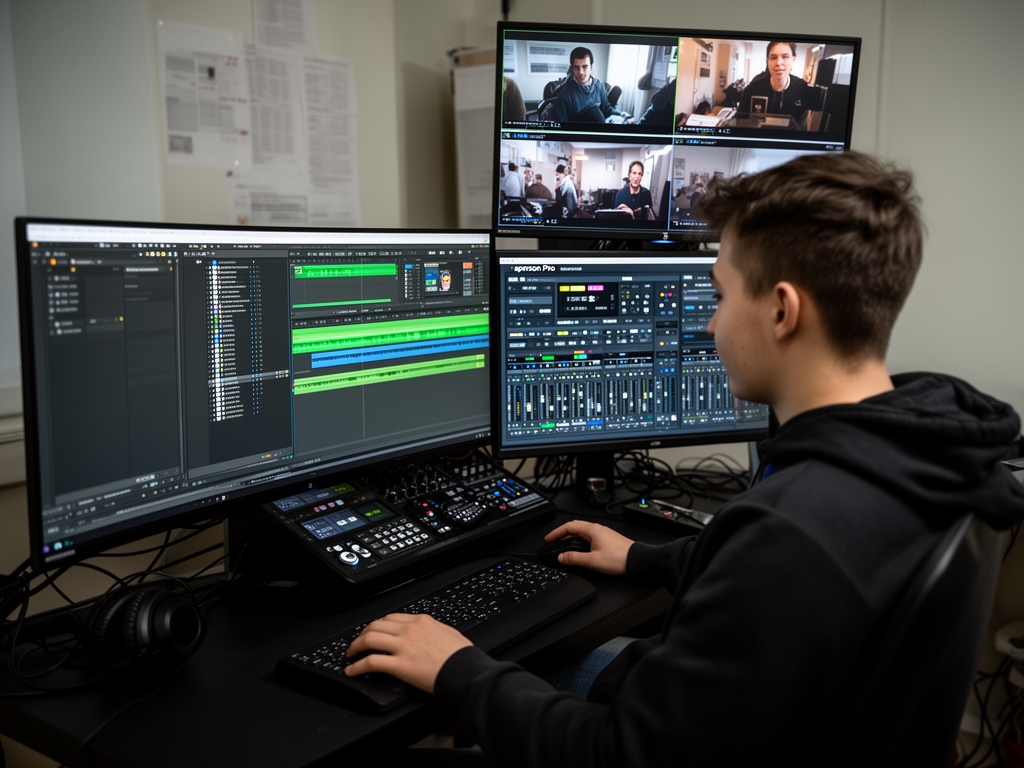 Монтажная комната медиашколы Norexil — студент за профессиональной монтажной станцией с двумя мониторами, интерфейсом Adobe Premiere Pro и дополнительным экраном для просмотра материала в реальном времени