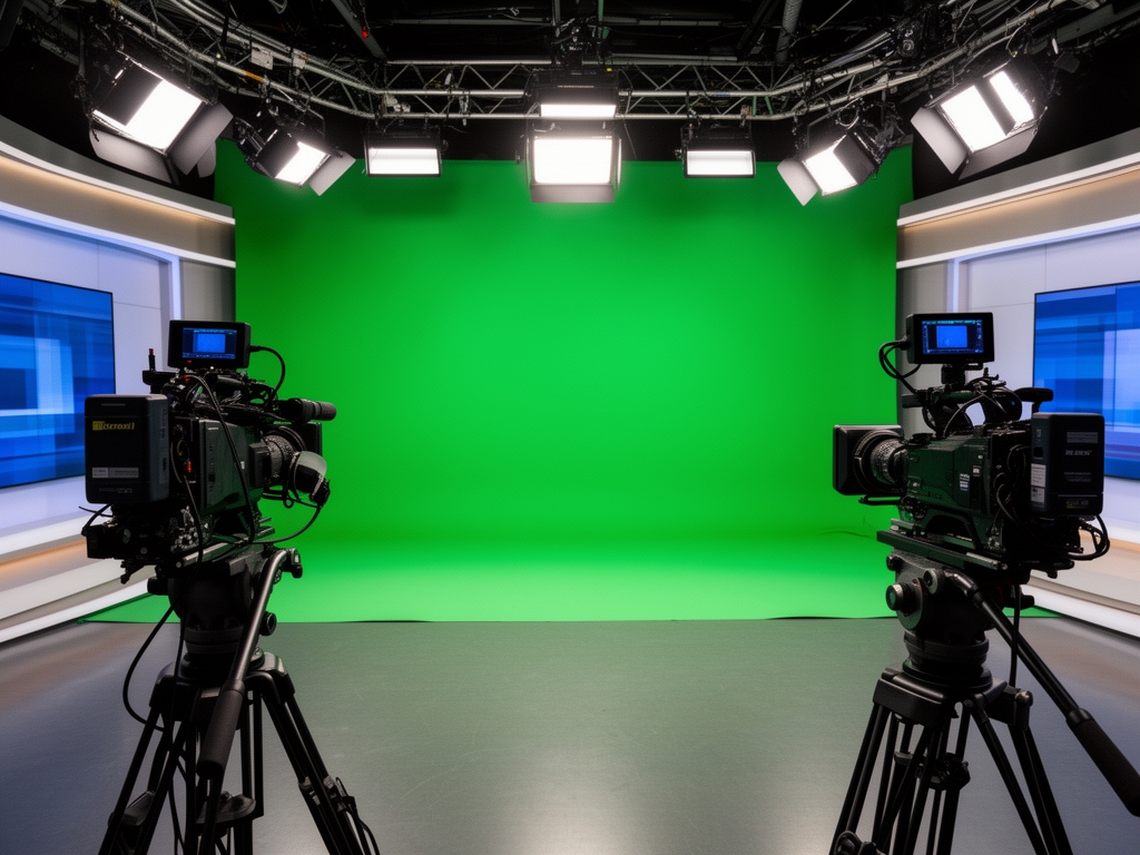 Профессиональный телевизионный павильон Norexil с хромакей-задником, студийным освещением, телесуфлёром и двумя профессиональными видеокамерами на штативах — интерьер современной новостной студии